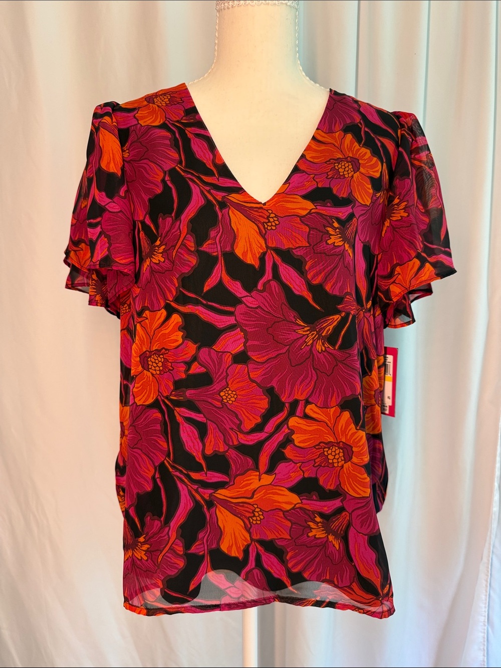 Vince Camuto Black Floral V-Neck Blouse with Fuchsia and Orange Blooms